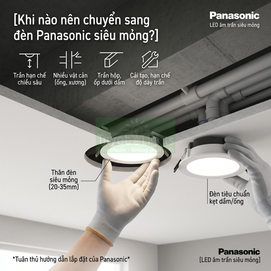 Lắp đặt đèn LED âm trần siêu mỏng Panasonic trong trần bê tông có nhiều ống kỹ thuật