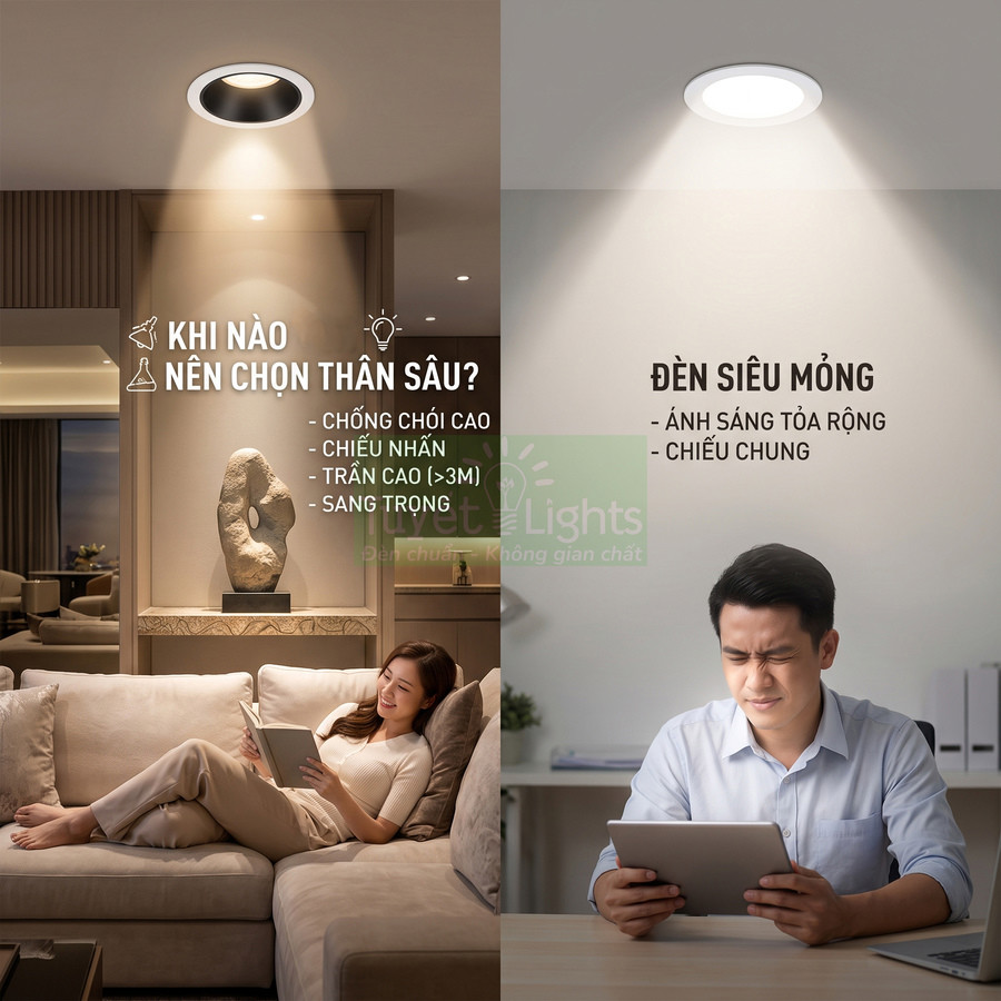 So sánh đèn downlight thân sâu chống chói và đèn siêu mỏng chiếu sáng rộng trong phòng khách và phòng làm việc