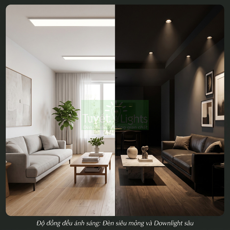 Phòng khách so sánh ánh sáng đèn LED siêu mỏng trần phẳng và đèn downlight âm trần tạo hai không gian khác nhau