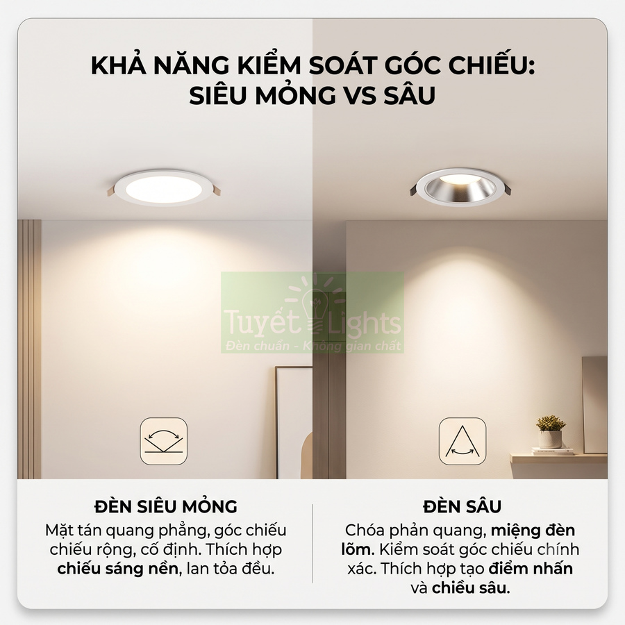 So sánh đèn âm trần siêu mỏng và đèn âm trần sâu Tuyết Lights về góc chiếu và hiệu ứng chiếu sáng