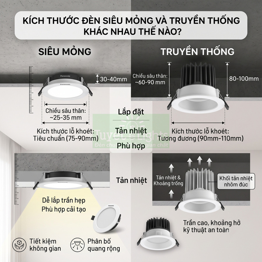 So sánh đèn âm trần siêu mỏng Panasonic và đèn âm trần truyền thống về kích thước và lắp đặt