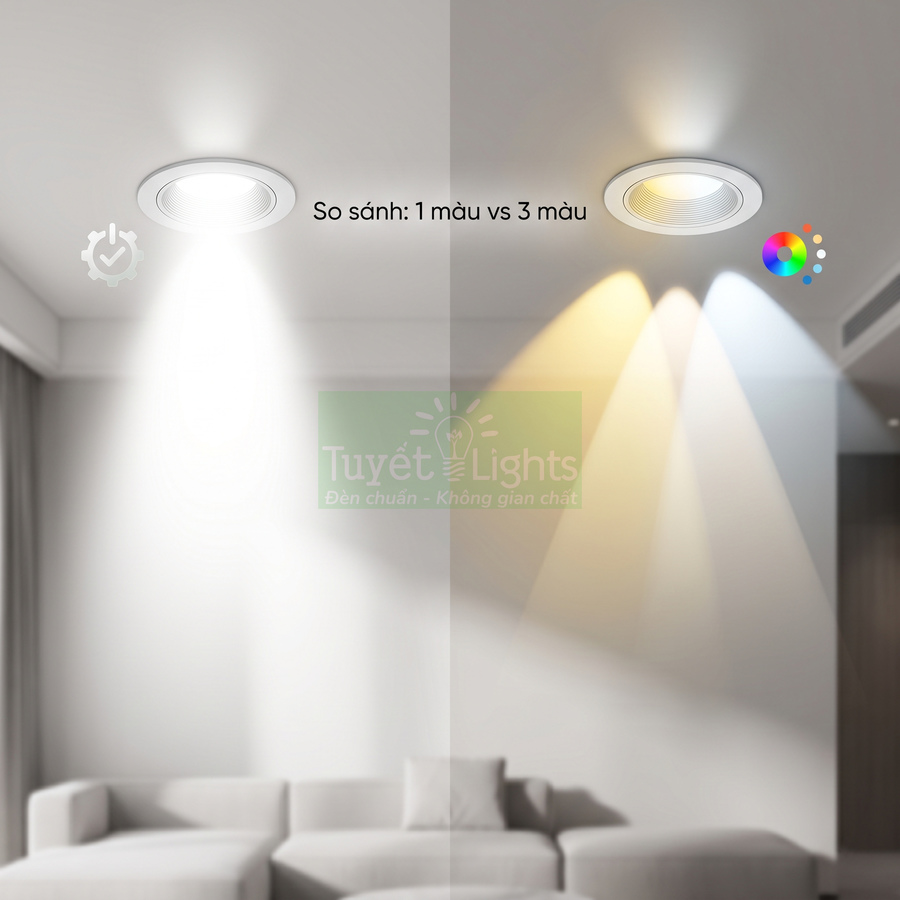 Đèn âm trần Tuyết Lights so sánh ánh sáng 1 màu và 3 màu trong phòng khách hiện đại