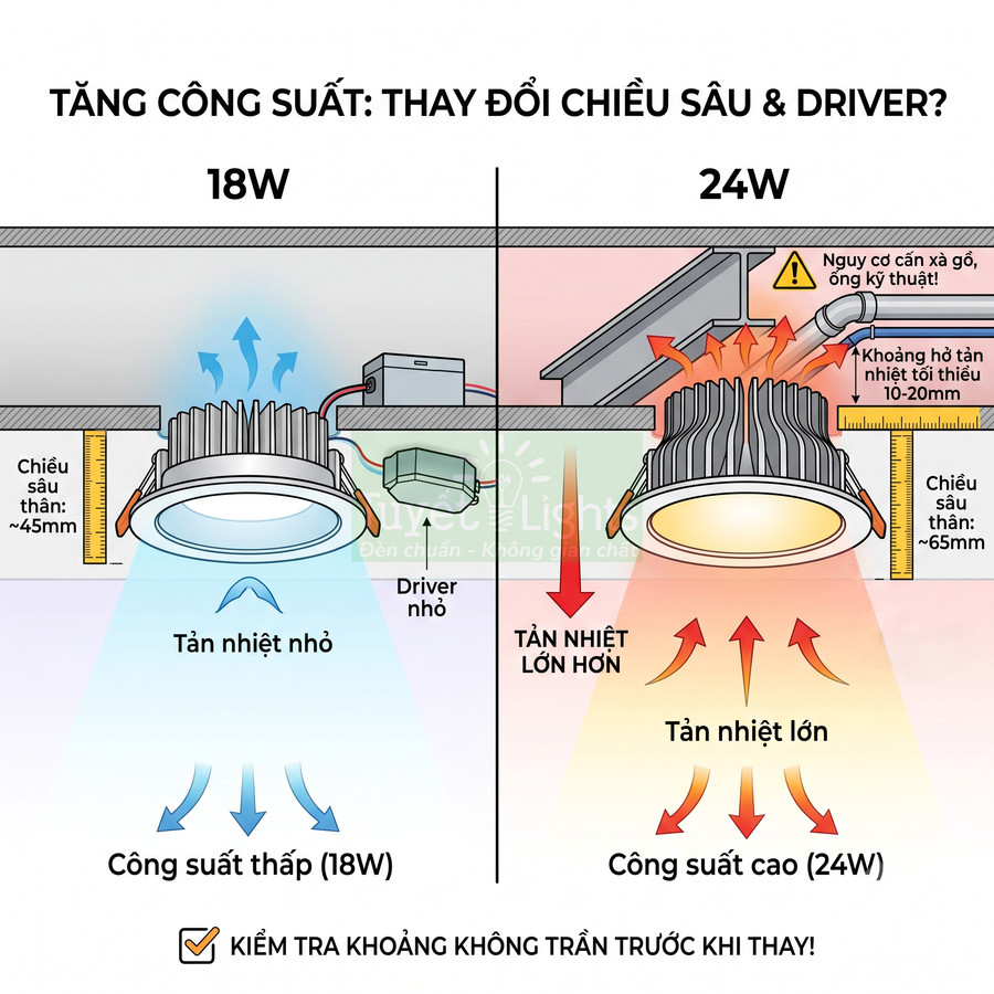 So sánh đèn LED âm trần 18W và 24W về chiều sâu lắp đặt và khả năng tản nhiệt