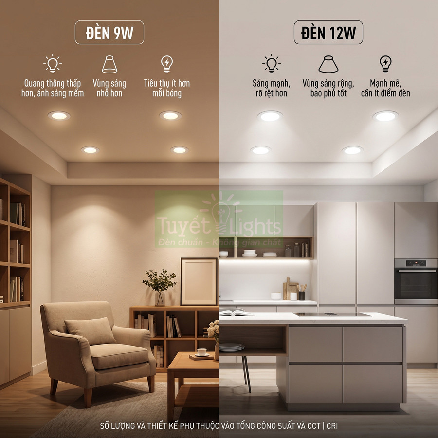 So sánh ánh sáng đèn âm trần Tuyết Lights 9W và 12W trong phòng khách và bếp hiện đại
