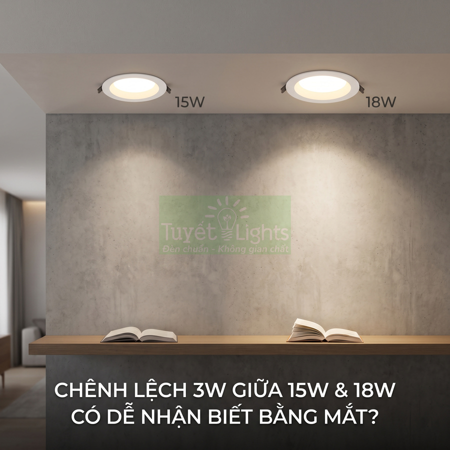 So sánh ánh sáng đèn âm trần Tuyết Lights 15W và 18W chiếu xuống kệ sách gỗ