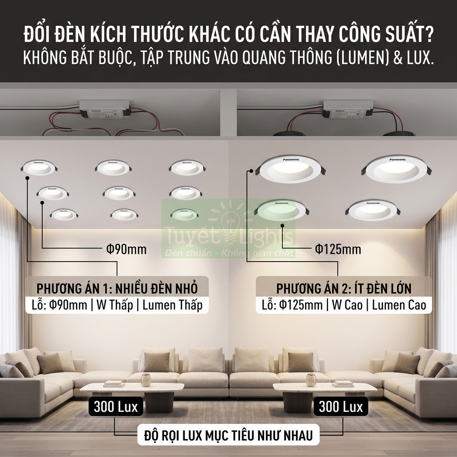 Đèn downlight âm trần Panasonic 90mm và 125mm bố trí trong phòng khách hiện đại đạt độ sáng 300 lux