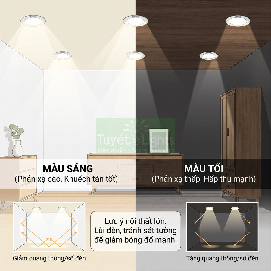 So sánh hiệu ứng đèn âm trần Tuyết Lights trong phòng màu sáng và phòng màu tối