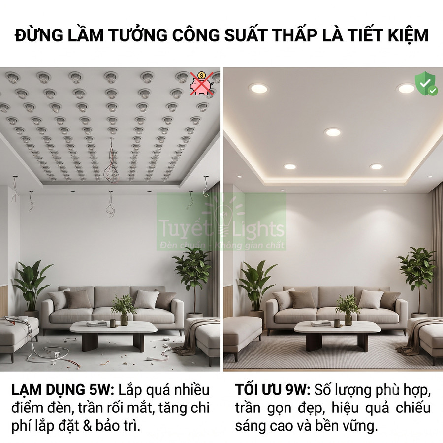 So sánh phòng khách dùng nhiều đèn âm trần 5W và ít đèn âm trần 9W tối ưu của Tuyết Lights
