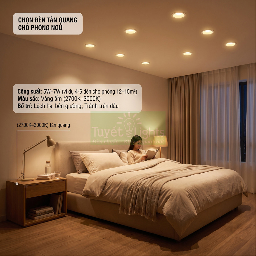 Đèn âm trần tán quang ánh sáng vàng ấm cho phòng ngủ, bố trí hai bên giường tạo không gian thư giãn