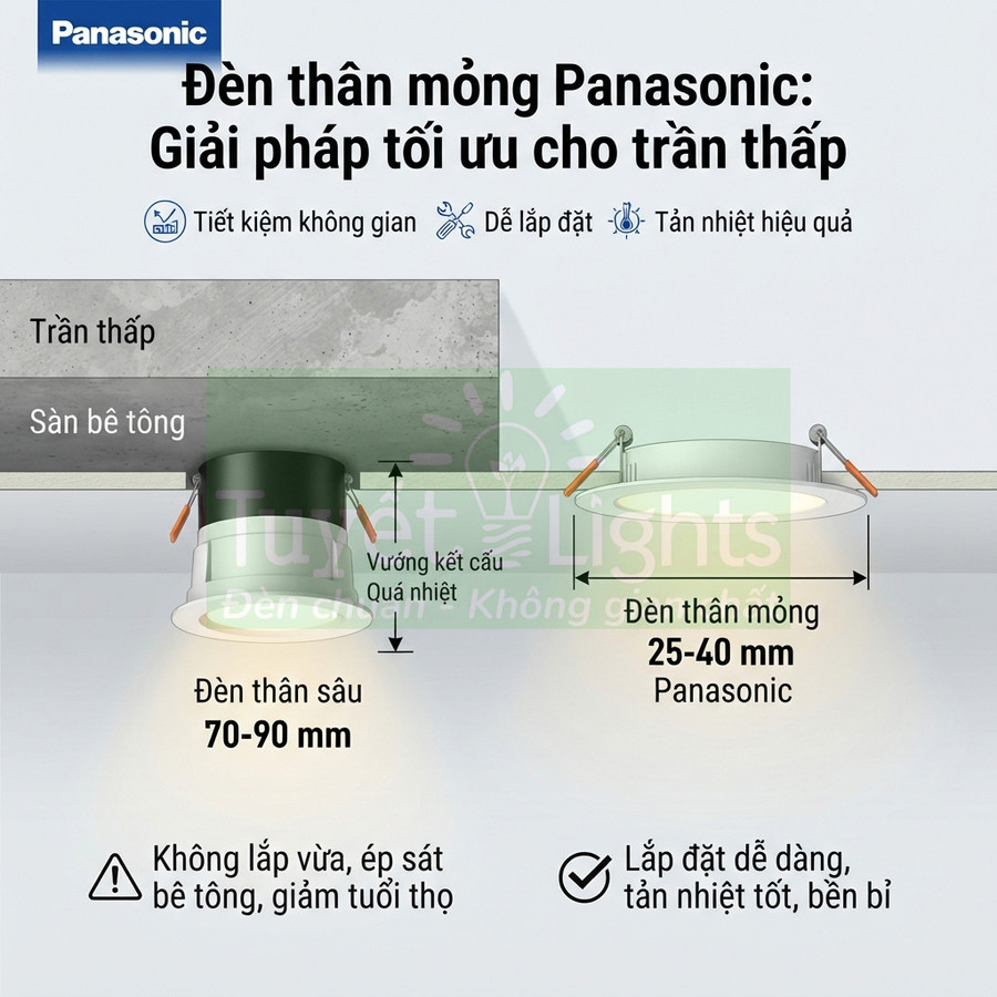Đèn âm trần thân mỏng Panasonic cho trần thấp, so sánh với đèn thân sâu, dễ lắp đặt và tản nhiệt tốt