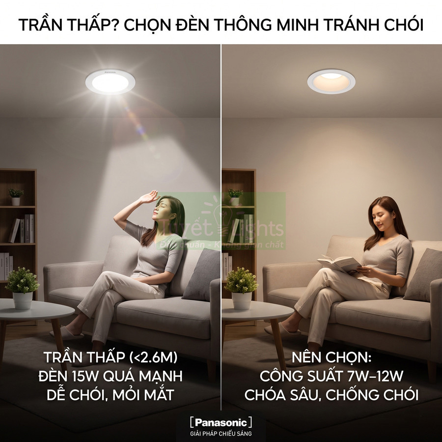 Đèn LED âm trần Panasonic chống chói cho trần thấp, ánh sáng dịu, phù hợp phòng khách đọc sách