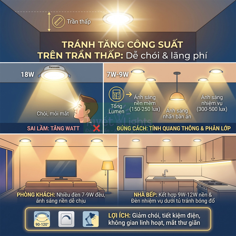 Hướng dẫn chọn đèn LED âm trần Panasonic cho trần thấp, phân bố ánh sáng phòng khách và nhà bếp chống chói
