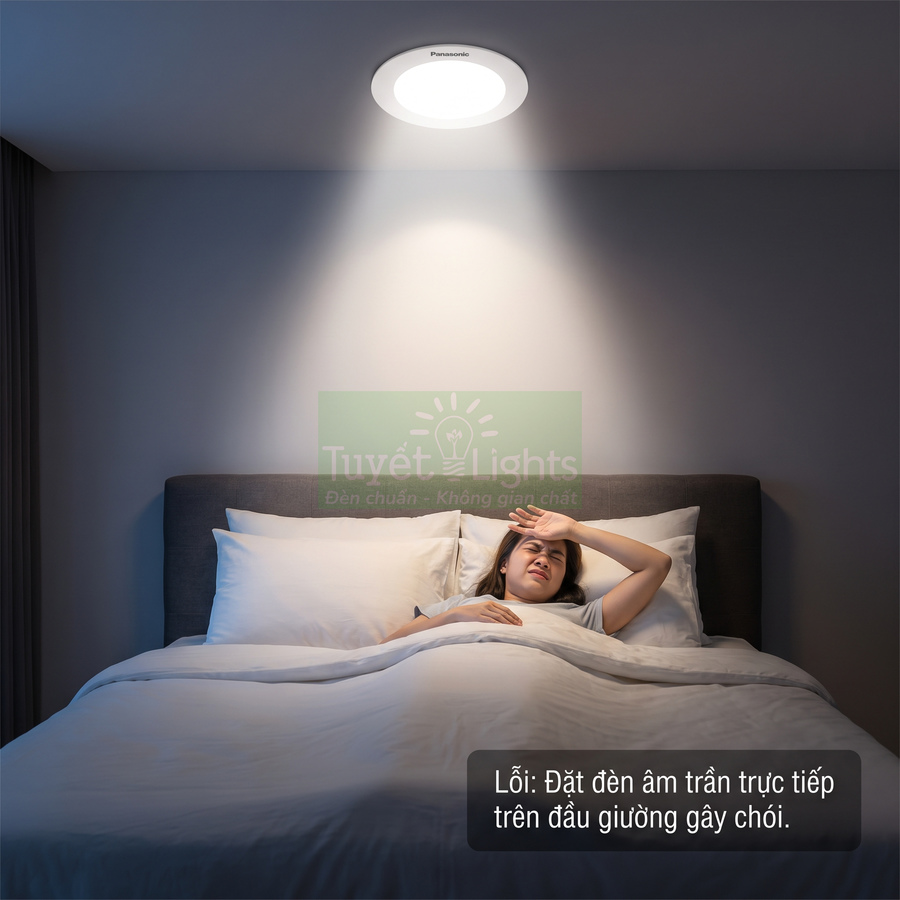Đèn âm trần Panasonic chiếu thẳng xuống giường khiến người phụ nữ nằm ngủ bị chói mắt
