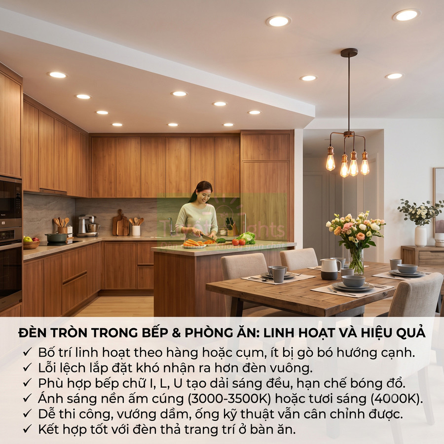 Đèn trần âm trần và đèn thả trang trí chiếu sáng phòng bếp và bàn ăn gỗ hiện đại