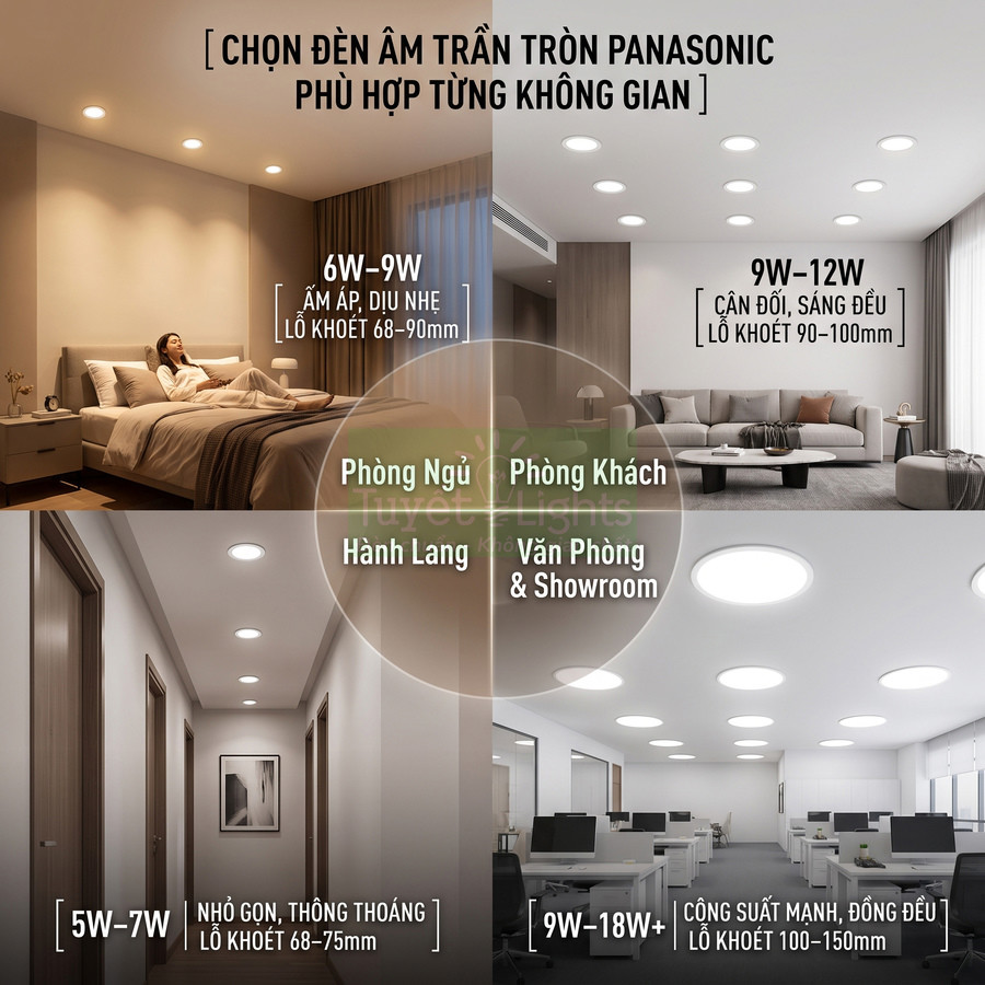 Đèn âm trần tròn Panasonic cho phòng ngủ, phòng khách, hành lang, văn phòng và showroom nhiều mức công suất