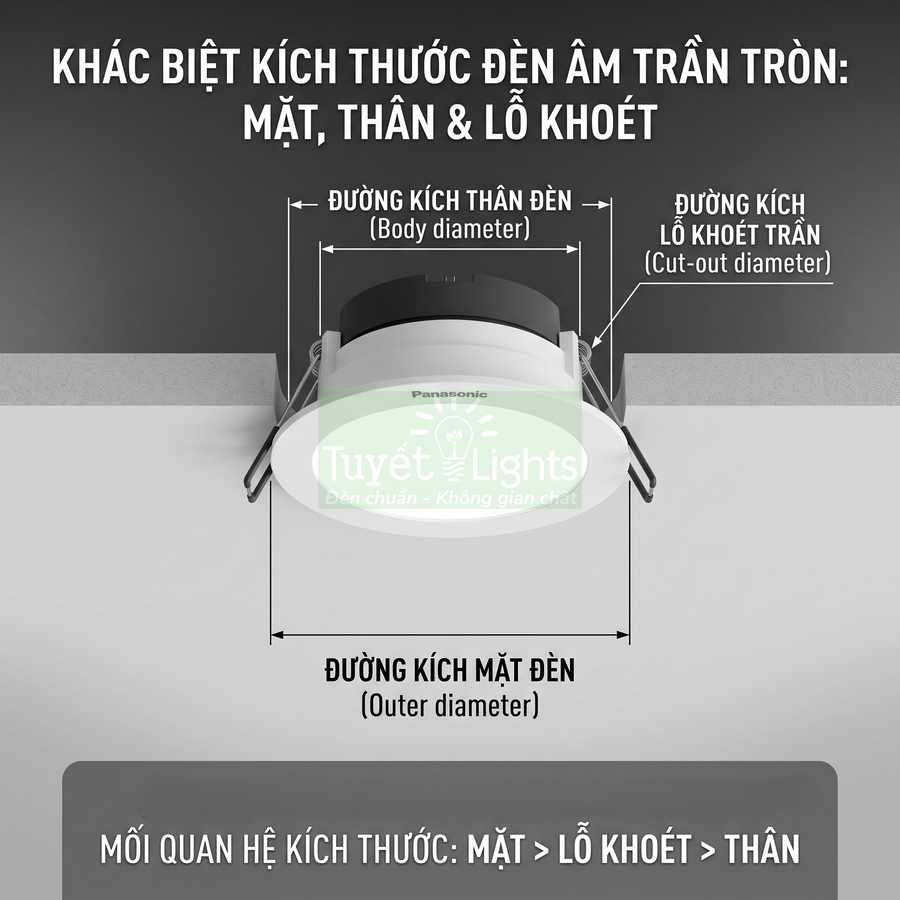 Đèn âm trần tròn Panasonic kèm chú thích đường kính mặt đèn, thân đèn và lỗ khoét trần