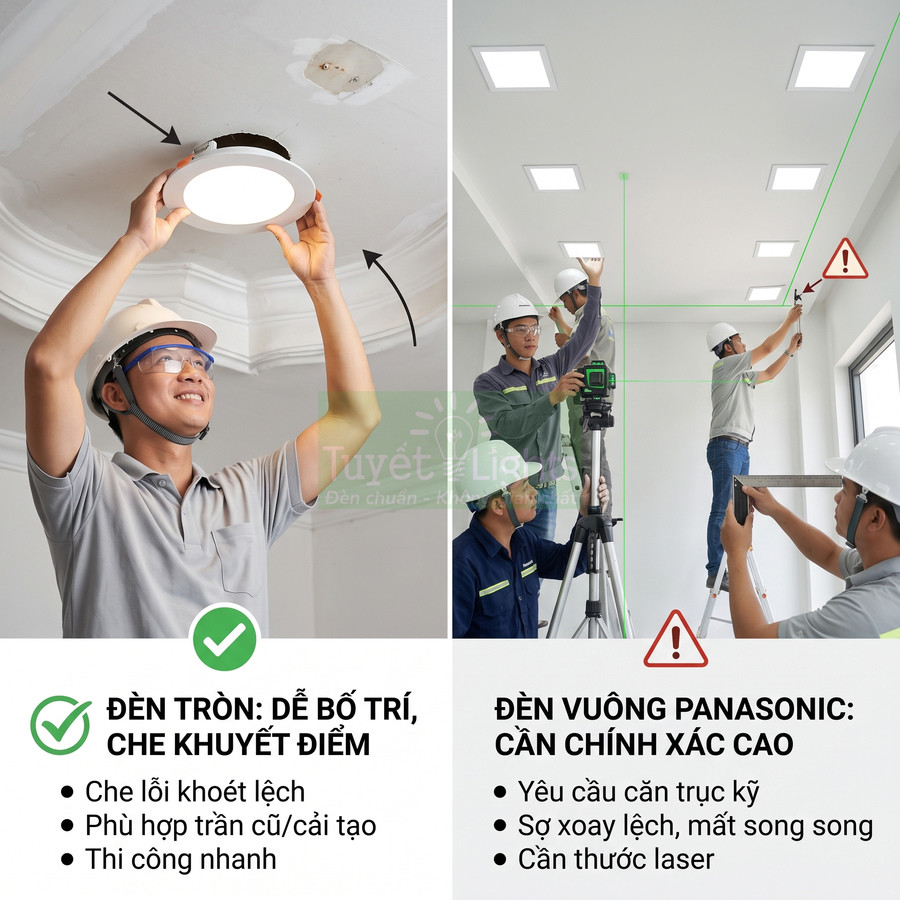 Thợ điện lắp đèn tròn âm trần và so sánh với đèn vuông Panasonic cần căn chỉnh chính xác
