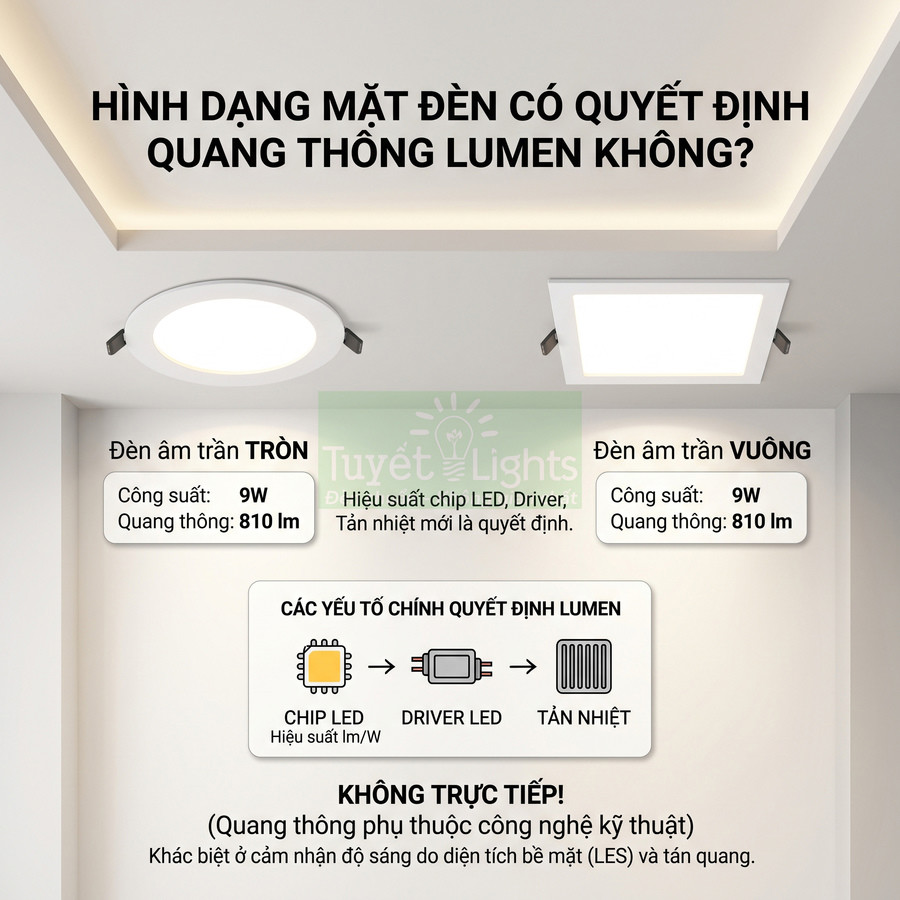 Đèn âm trần LED tròn và vuông Tuyết Lights công suất 9W quang thông 810 lumen lắp trên trần nhà hiện đại