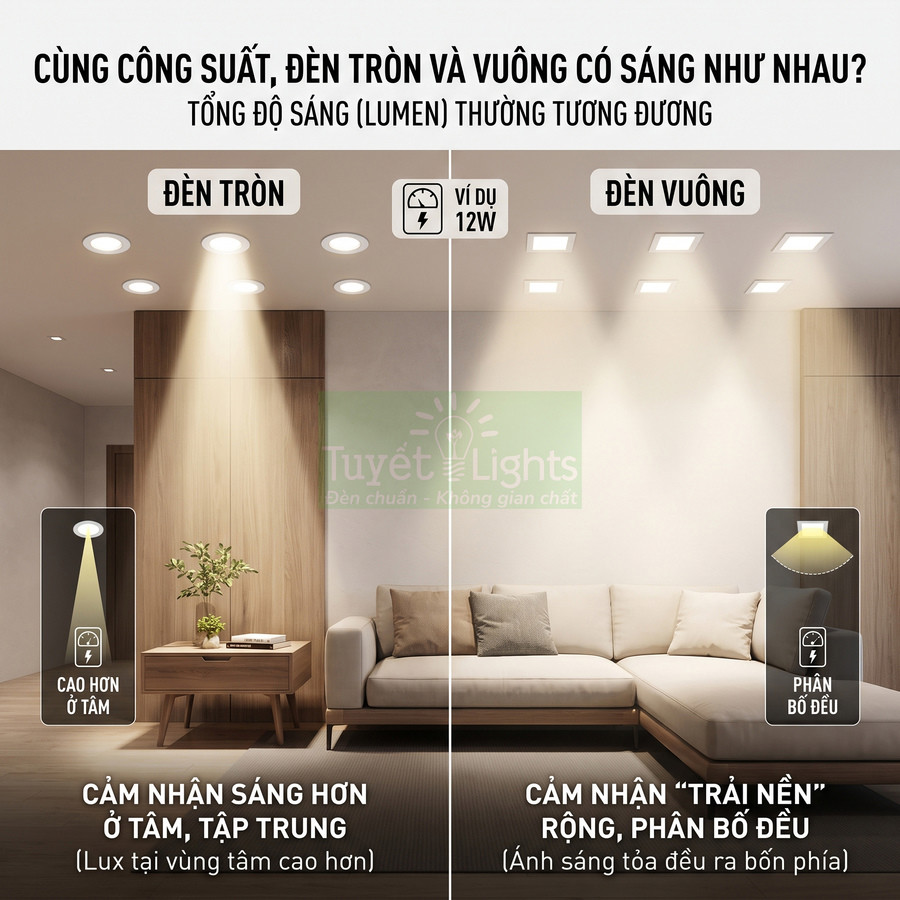 So sánh ánh sáng đèn led âm trần tròn và vuông 12W trong phòng khách hiện đại