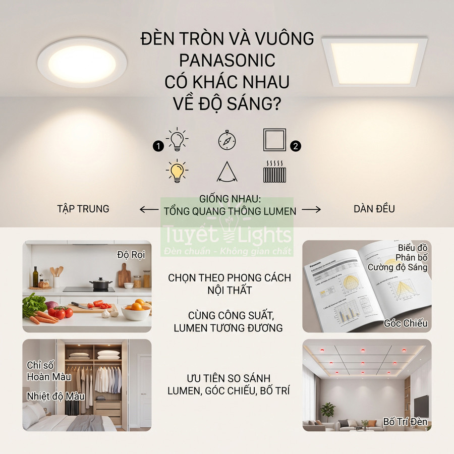 So sánh đèn âm trần tròn và vuông Panasonic về độ sáng, góc chiếu và bố trí chiếu sáng nội thất