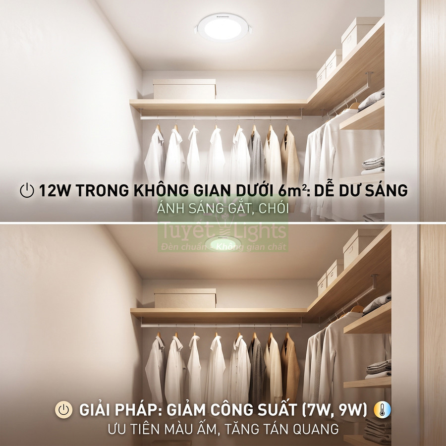 So sánh ánh sáng đèn âm trần Panasonic 12W và 7W 9W trong tủ quần áo nhỏ