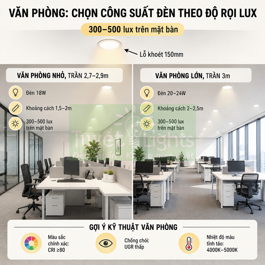Hướng dẫn chọn công suất đèn LED âm trần cho văn phòng nhỏ và lớn đạt 300–500 lux trên mặt bàn