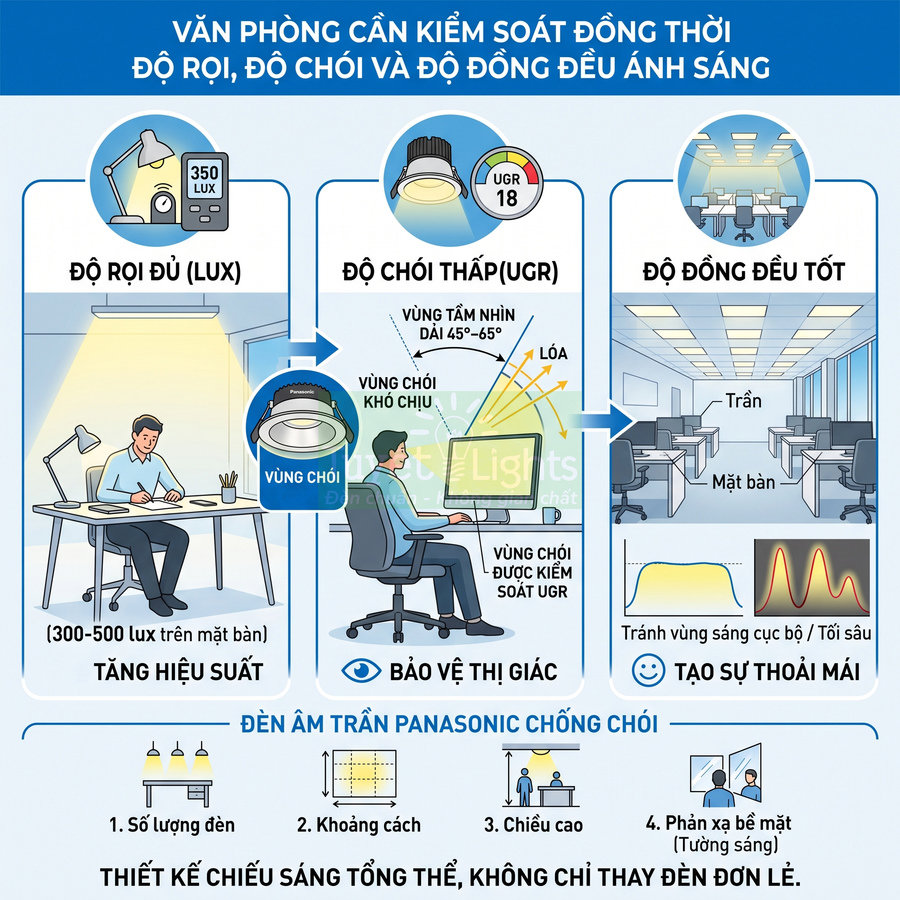 Infographic đèn âm trần Panasonic chống chói cho văn phòng, kiểm soát độ rọi, độ chói và độ đồng đều ánh sáng