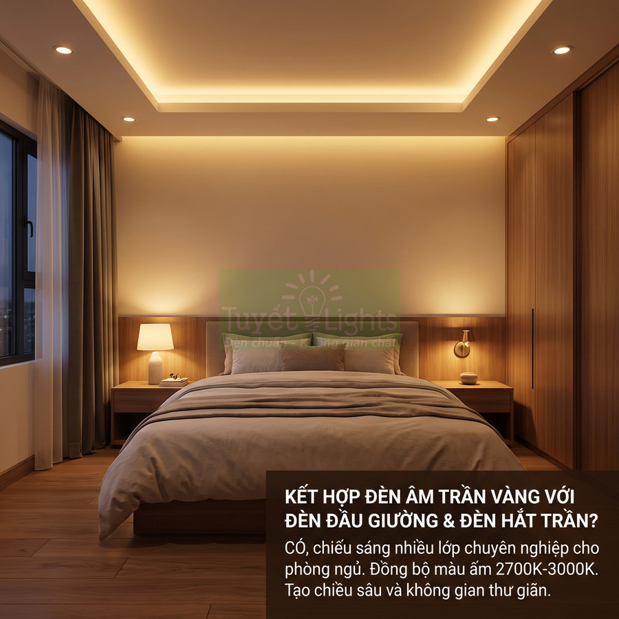 Phòng ngủ hiện đại với đèn âm trần ánh sáng vàng kết hợp đèn đầu giường tạo không gian ấm cúng