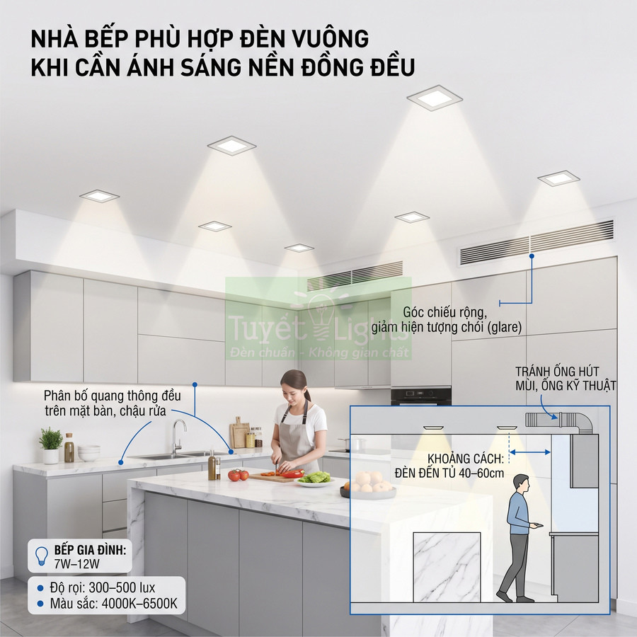 Đèn LED âm trần vuông chiếu sáng đều cho không gian bếp hiện đại với đảo bếp đá và tủ bếp trắng