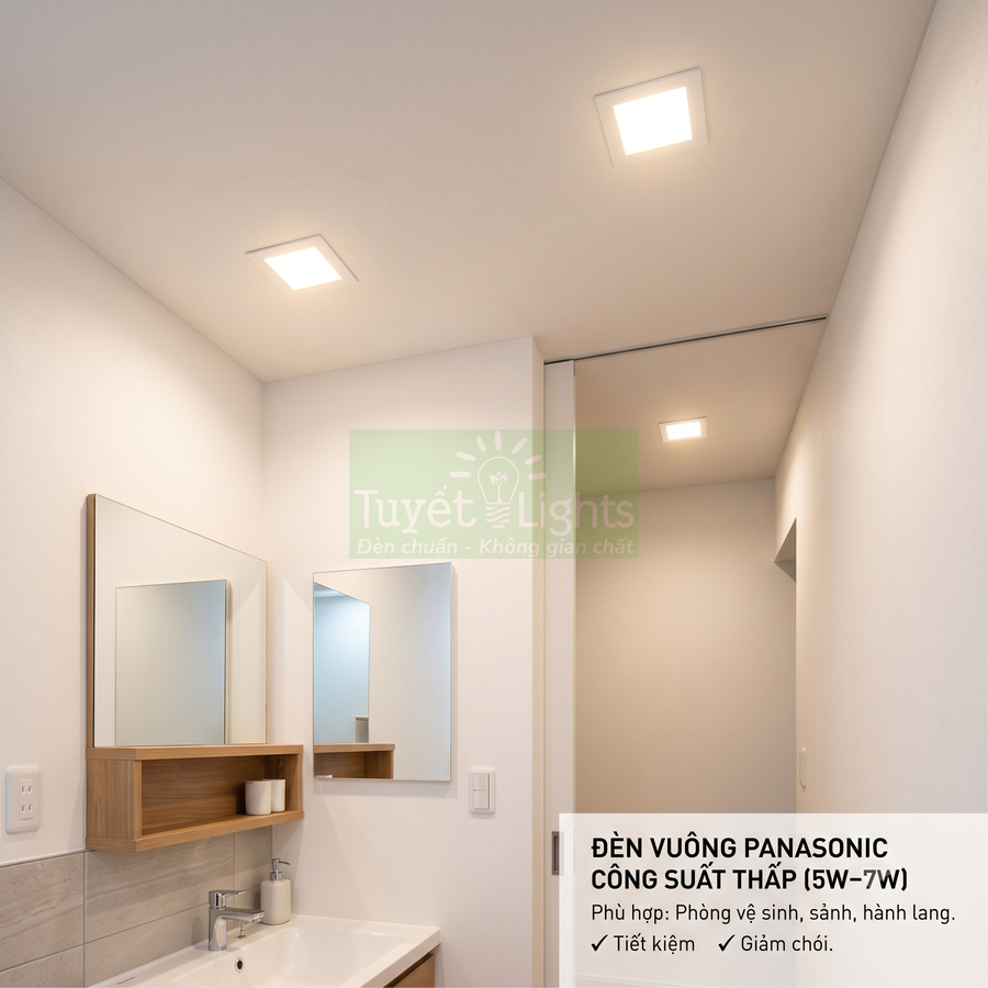 Đèn âm trần vuông Panasonic công suất thấp chiếu sáng phòng tắm và hành lang hiện đại