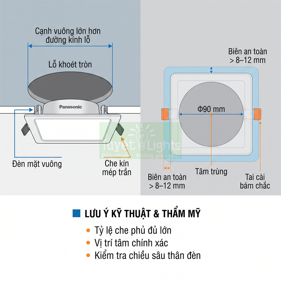 Hướng dẫn lắp đặt đèn âm trần mặt vuông Panasonic che kín mép trần với kích thước lỗ khoét tròn 90mm