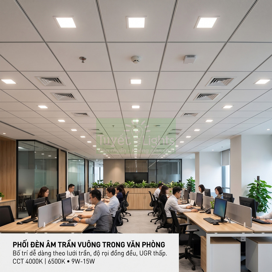 Đèn âm trần vuông Tuyết Lights chiếu sáng văn phòng mở với nhiều nhân viên làm việc trên máy tính