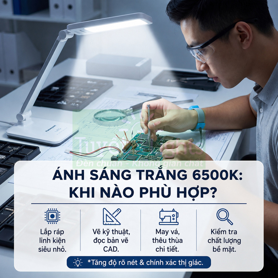 Đèn bàn LED ánh sáng trắng 6500K hỗ trợ kỹ sư lắp ráp và kiểm tra mạch điện tử chi tiết