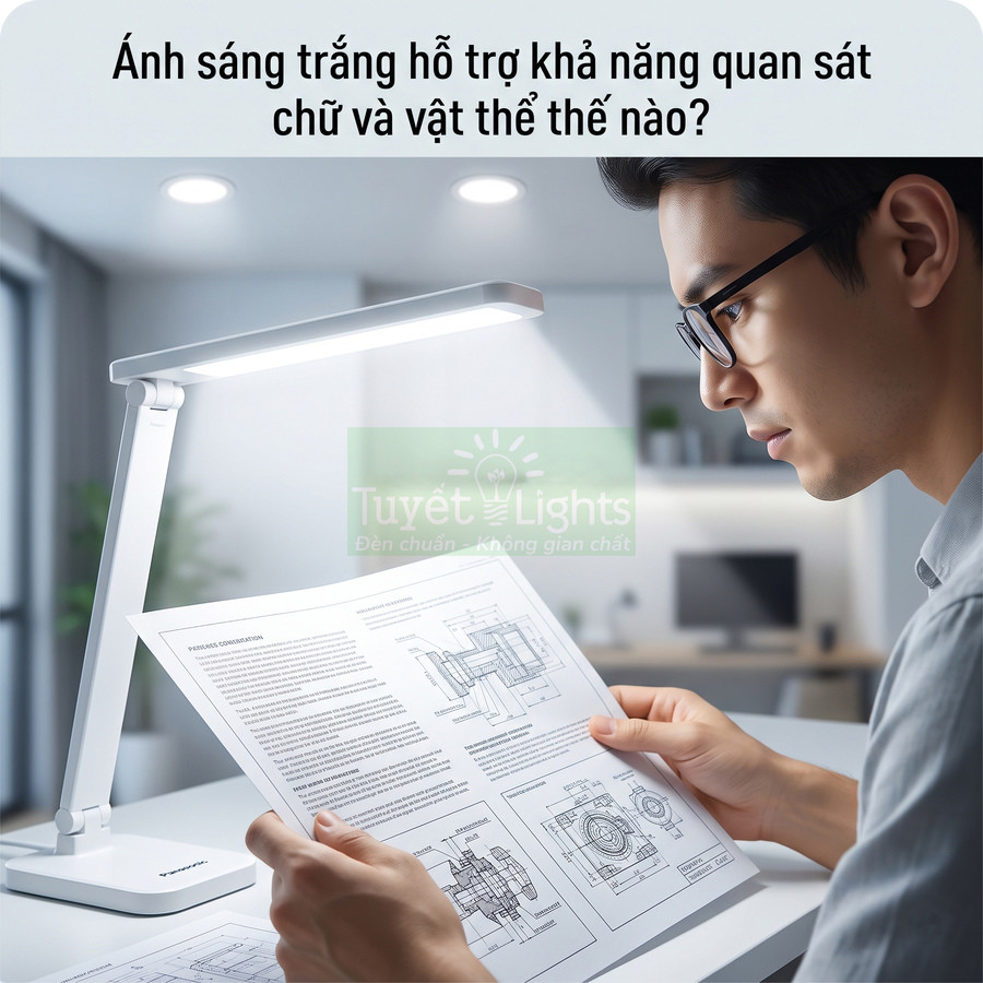 Đèn bàn LED Tuyết Lights ánh sáng trắng hỗ trợ người đàn ông đọc bản vẽ kỹ thuật trên bàn làm việc