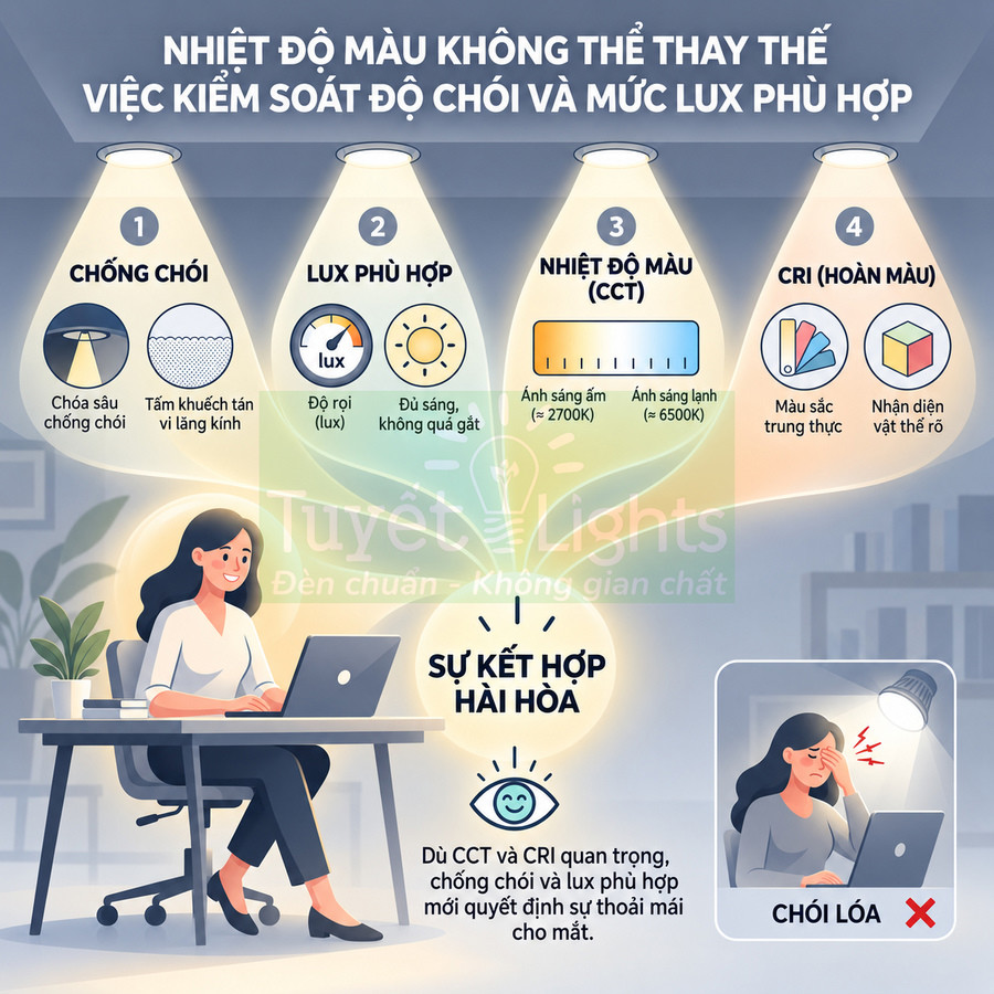 Infographic Tuyết Lights hướng dẫn chọn đèn LED chống chói, lux phù hợp, nhiệt độ màu và CRI tốt cho mắt khi làm việc