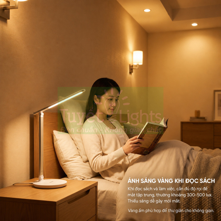 Đèn bàn LED ánh sáng vàng đặt đầu giường chiếu sáng cho cô gái đọc sách trong phòng ngủ ấm cúng