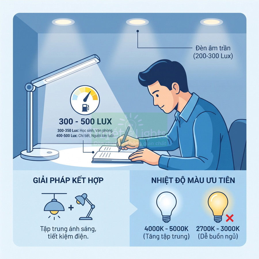Đèn bàn học LED chiếu sáng bàn làm việc, kết hợp đèn âm trần và hướng dẫn độ lux, nhiệt độ màu phù hợp khi học tập