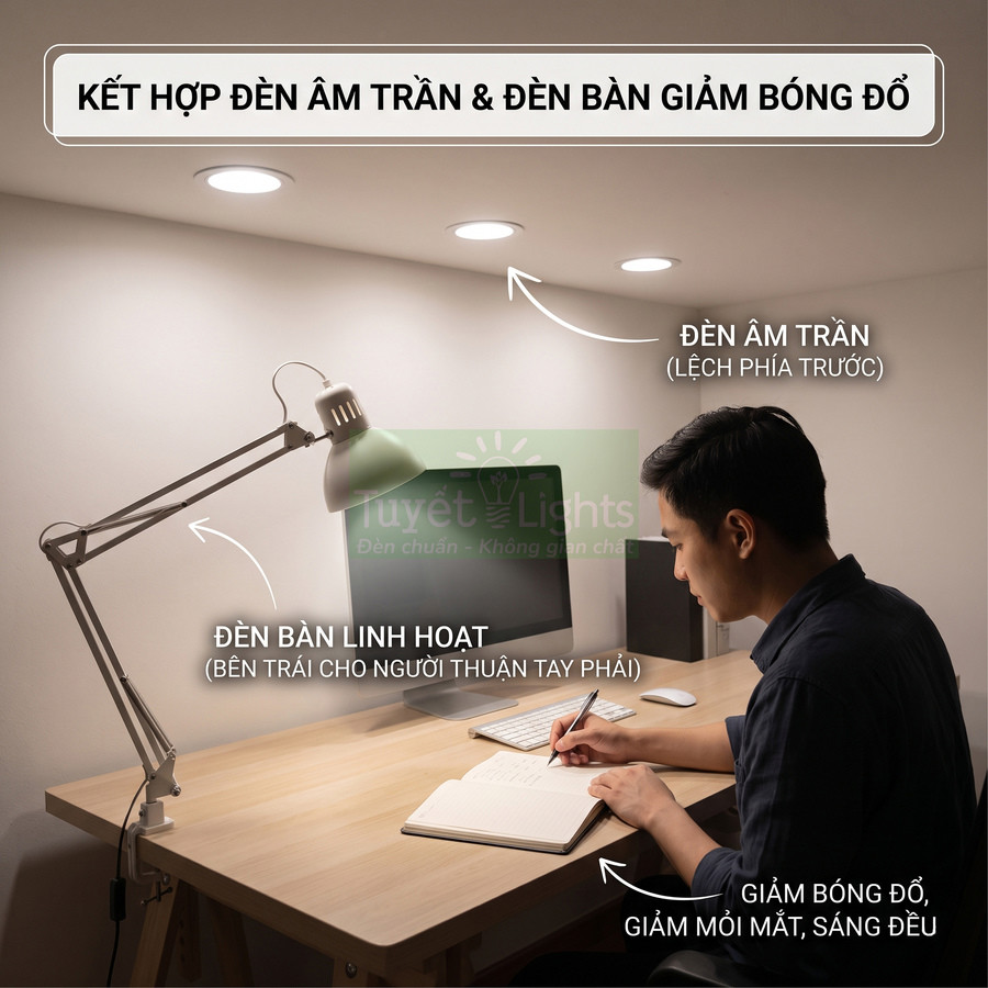 Bàn làm việc với đèn bàn linh hoạt và đèn âm trần Tuyết Lights chiếu sáng giảm bóng đổ cho người ngồi viết sổ