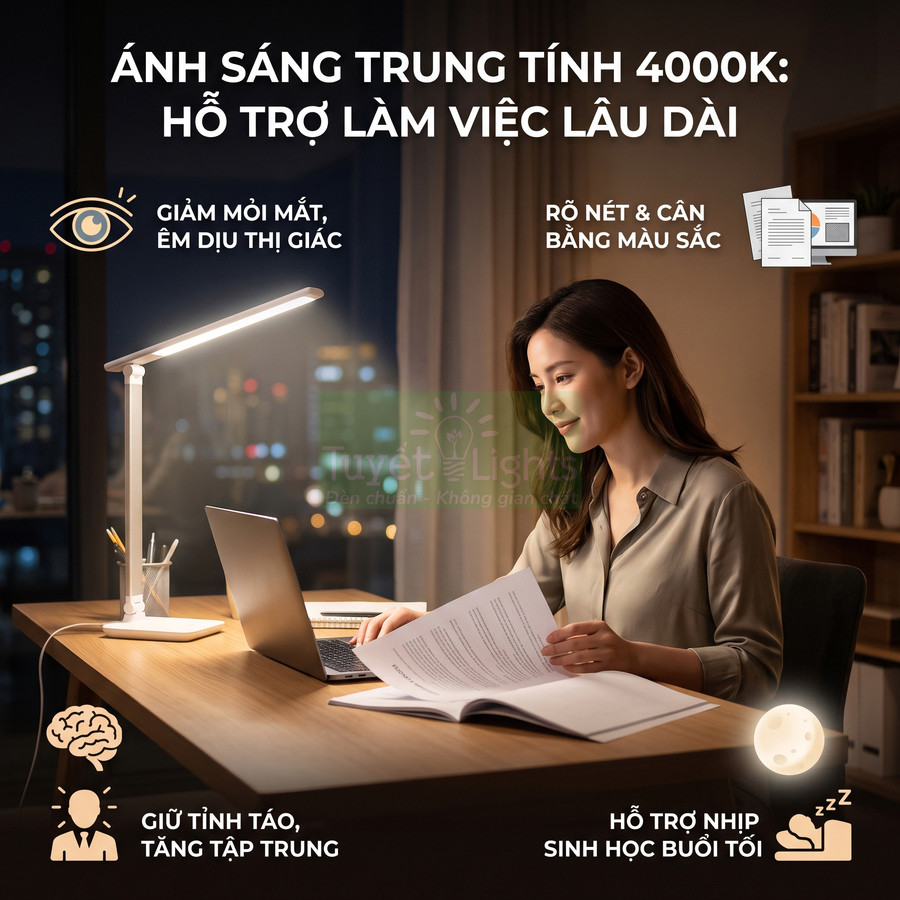 Đèn bàn LED ánh sáng trung tính 4000K Tuyết Lights cho người làm việc, đọc sách buổi tối