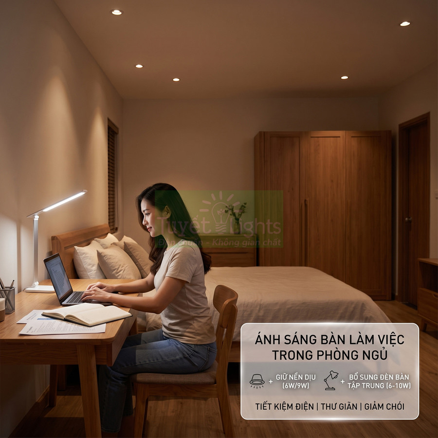 Đèn bàn LED ánh sáng dịu cho góc làm việc trong phòng ngủ, hỗ trợ đọc sách và dùng laptop tiết kiệm điện