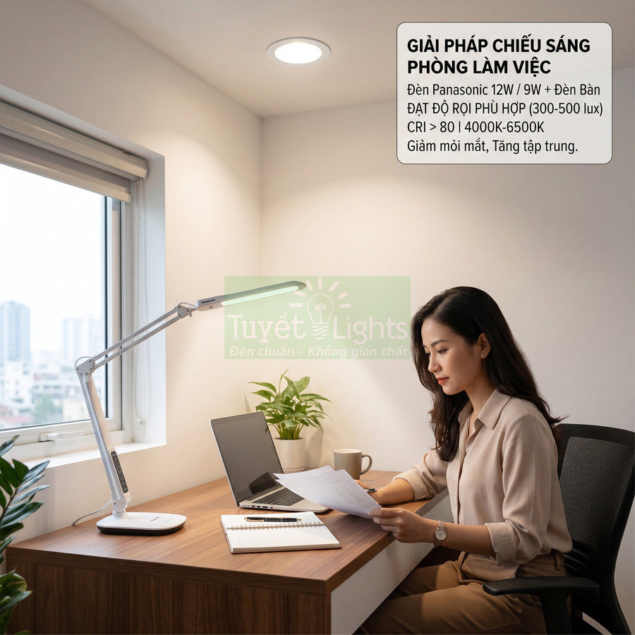 Đèn bàn Tuyết Lights chiếu sáng bàn làm việc với laptop và tài liệu trong phòng làm việc hiện đại
