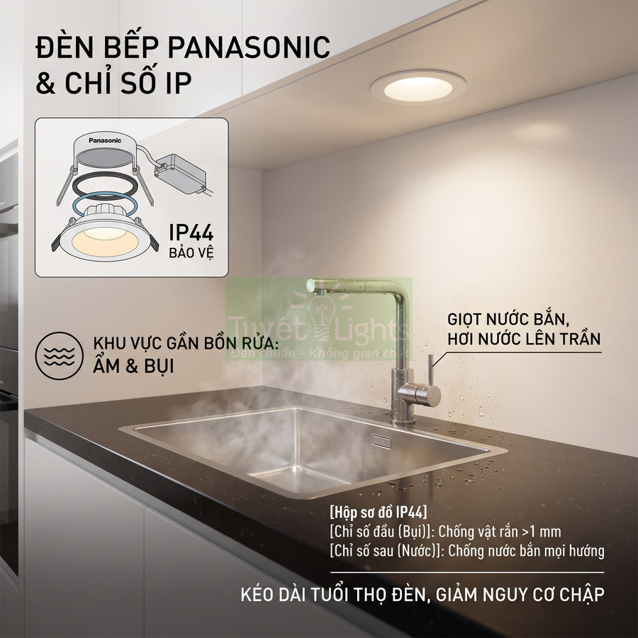 Đèn bếp âm trần Panasonic IP44 chống nước và bụi lắp trên tủ bếp khu vực bồn rửa inox