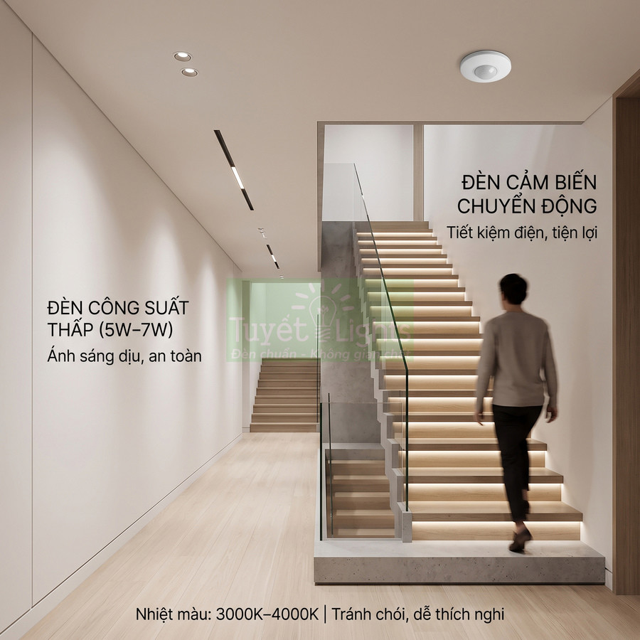 Đèn cảm biến chuyển động Tuyết Lights chiếu sáng cầu thang trong nhà, công suất thấp 5W 7W, ánh sáng dịu 3000K 4000K