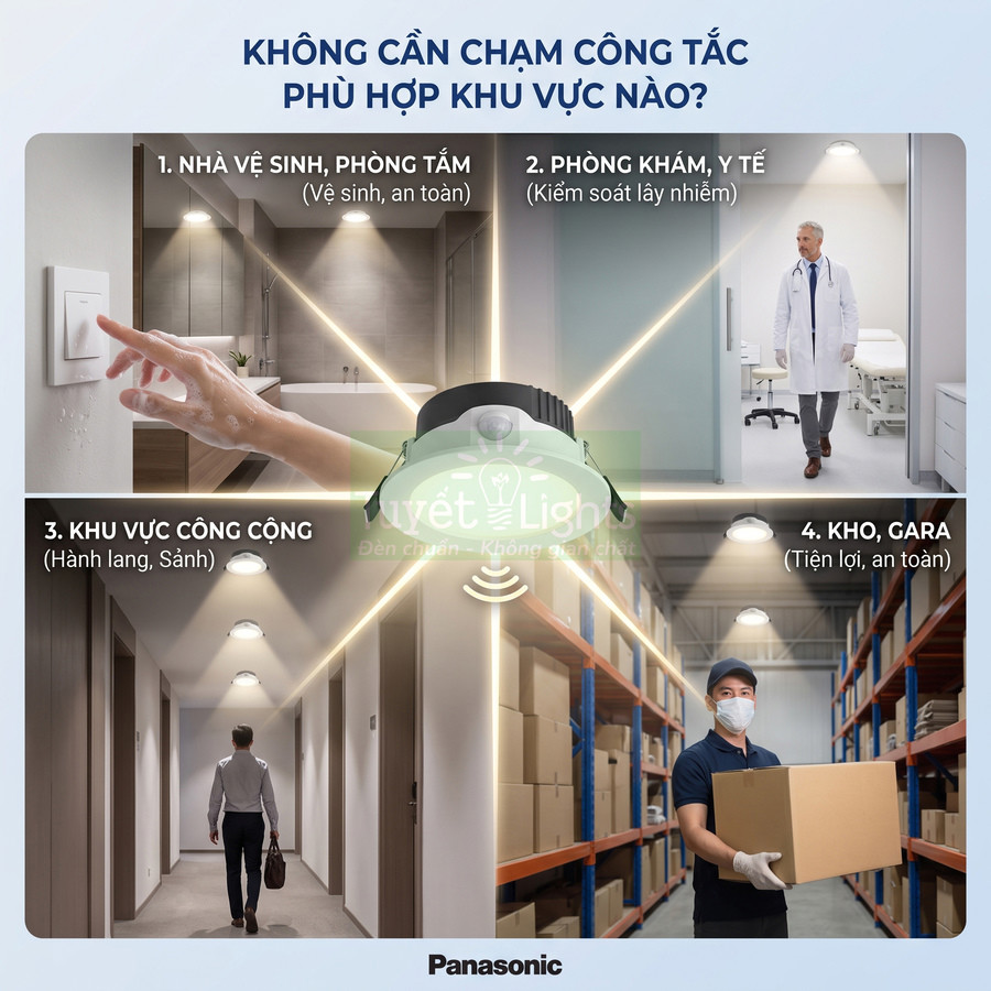 Đèn cảm biến chuyển động Panasonic lắp cho nhà vệ sinh, hành lang, phòng khám, kho và gara
