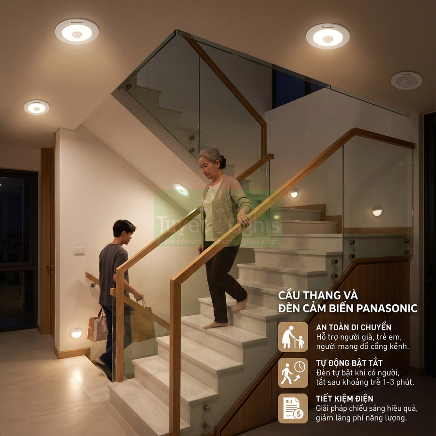 Cầu thang trong nhà lắp đèn cảm biến Panasonic chiếu sáng an toàn cho người già và trẻ em