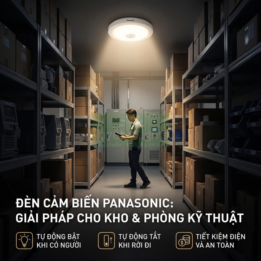 Đèn cảm biến Panasonic chiếu sáng kho hàng, tự động bật tắt tiết kiệm điện và an toàn