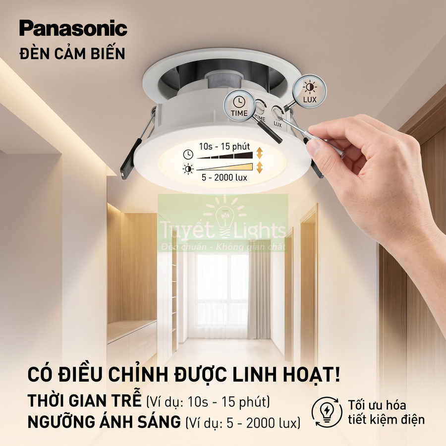 Đèn cảm biến Panasonic âm trần điều chỉnh thời gian trễ và ngưỡng ánh sáng trong phòng ngủ hiện đại