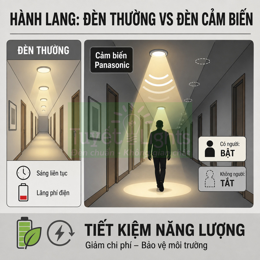 So sánh hành lang dùng đèn thường và đèn cảm biến Panasonic tiết kiệm năng lượng