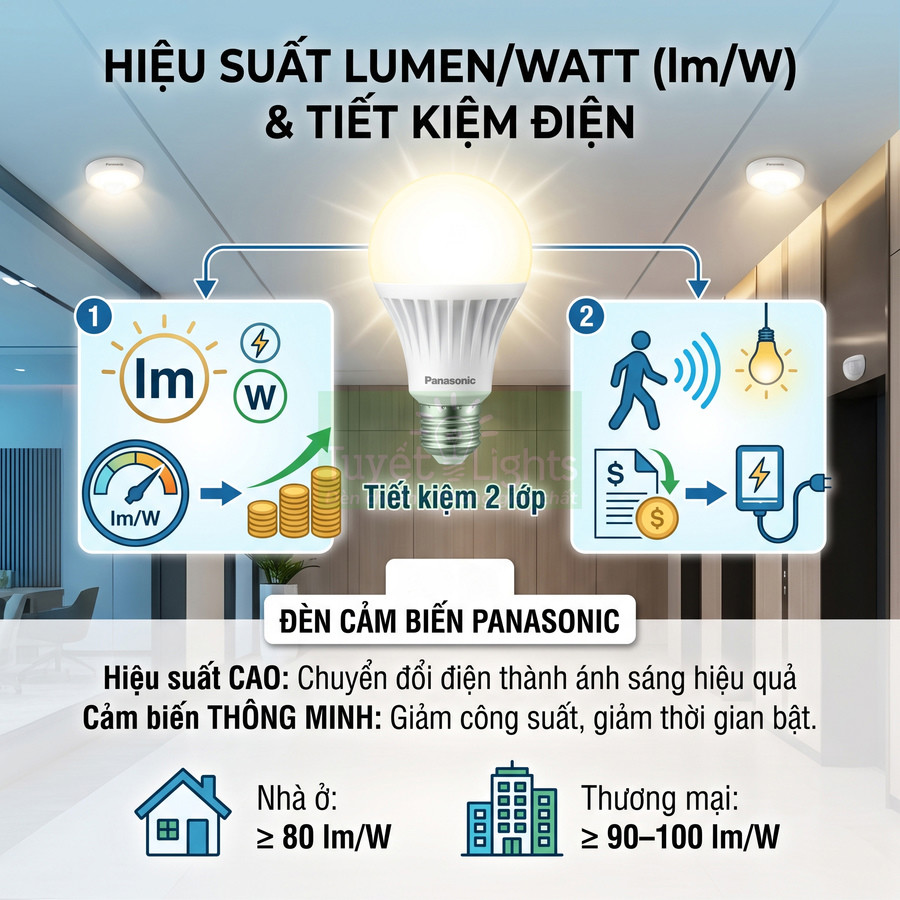 Đèn cảm biến Panasonic tiết kiệm điện, hiệu suất lumen trên watt cao cho nhà ở và công trình thương mại