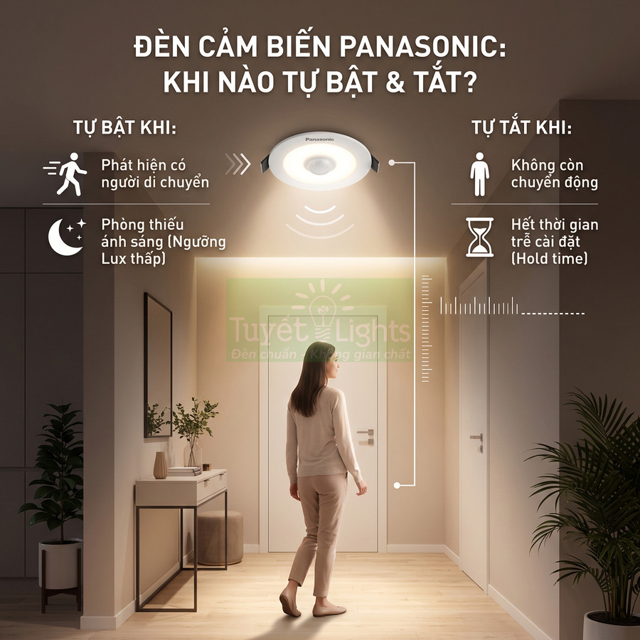 Đèn cảm biến Panasonic chiếu sáng hành lang khi phát hiện người di chuyển trong không gian thiếu ánh sáng